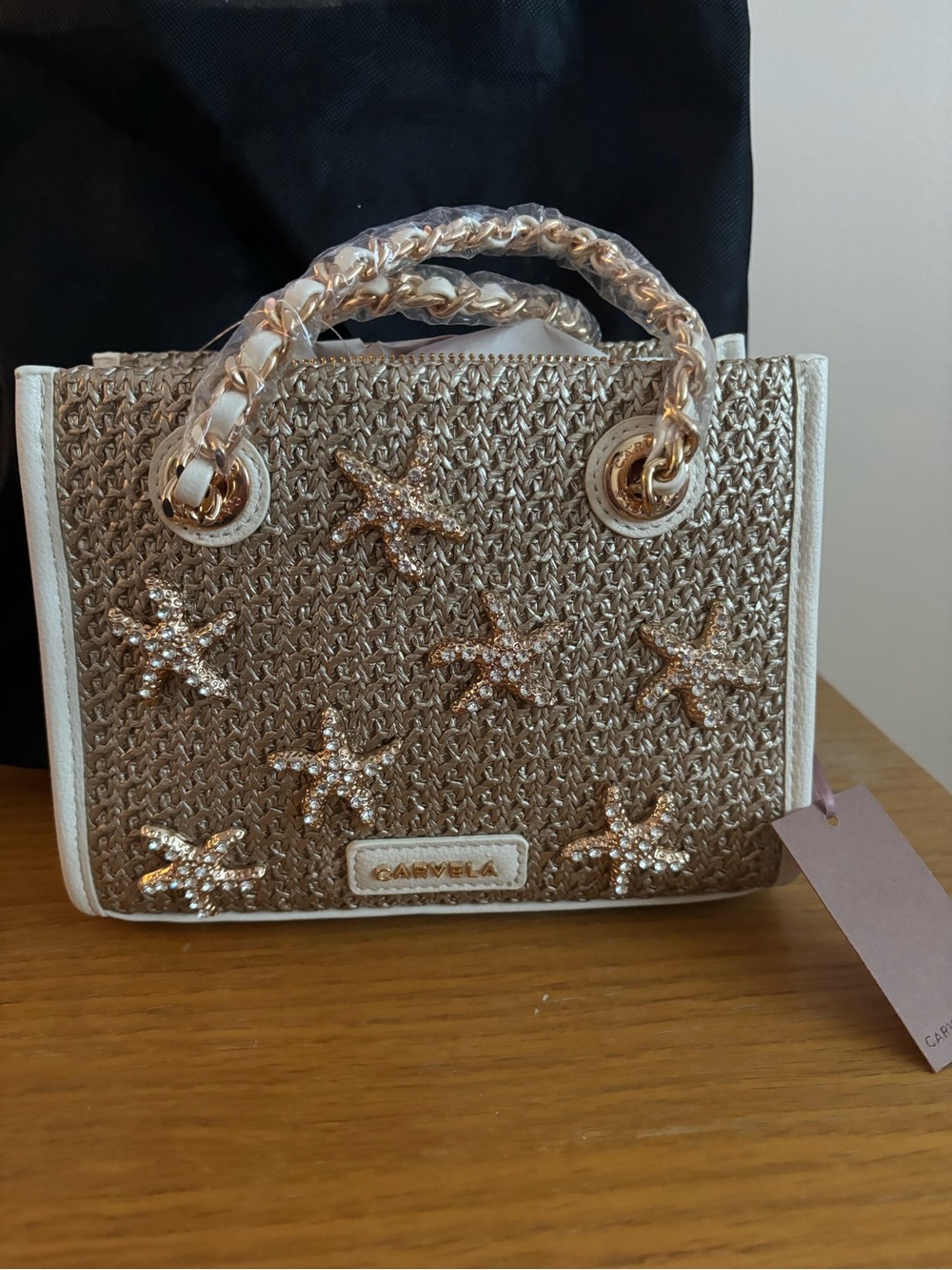 Gold Starfish-Embellished Straw Tote (NWT)